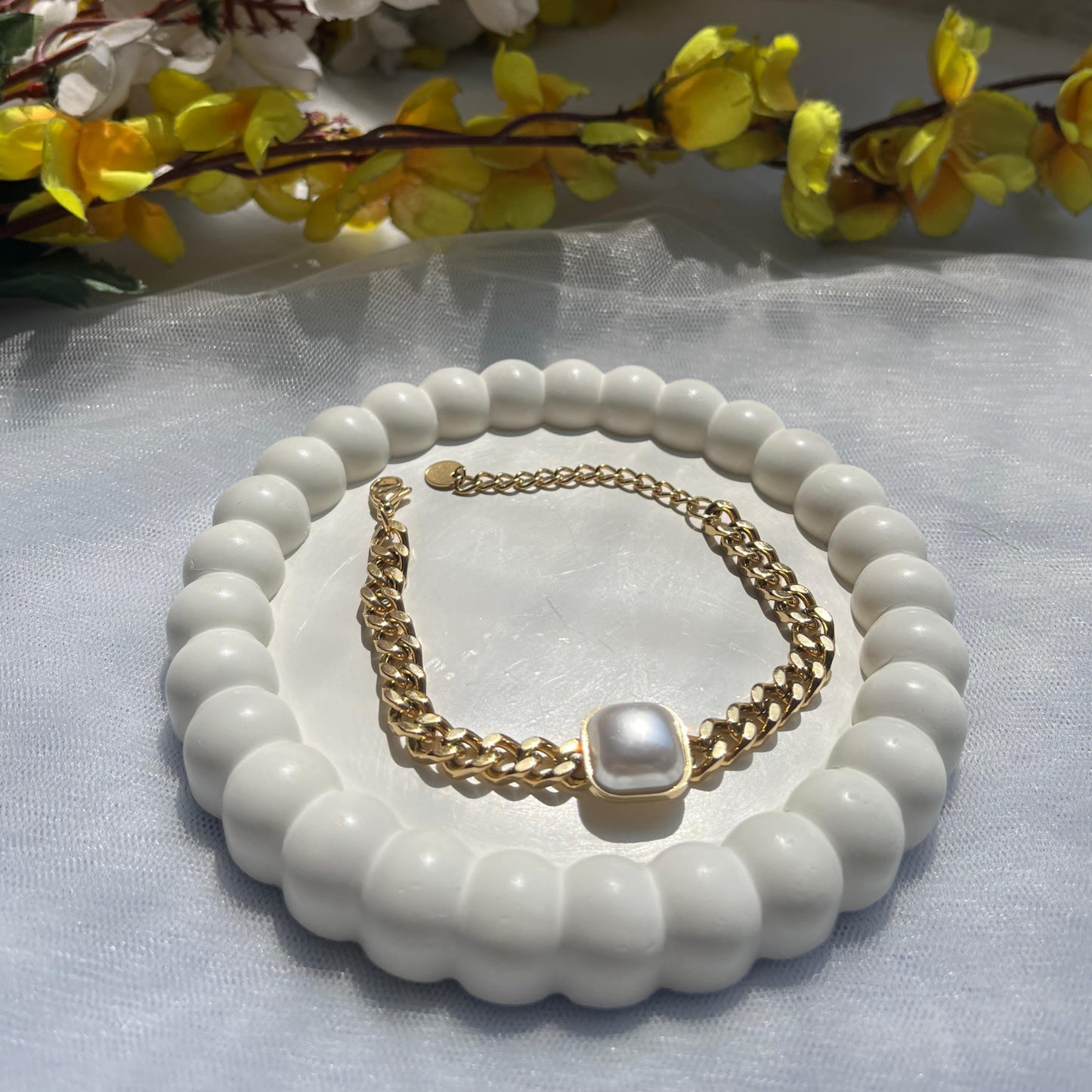 Gold Tone Square Pearl Bracelet