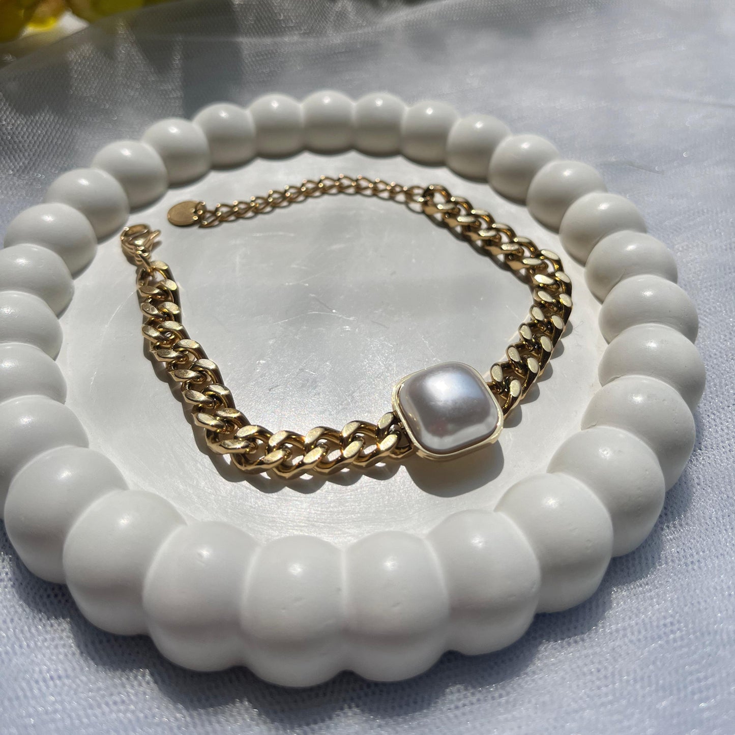 Gold Tone Square Pearl Bracelet
